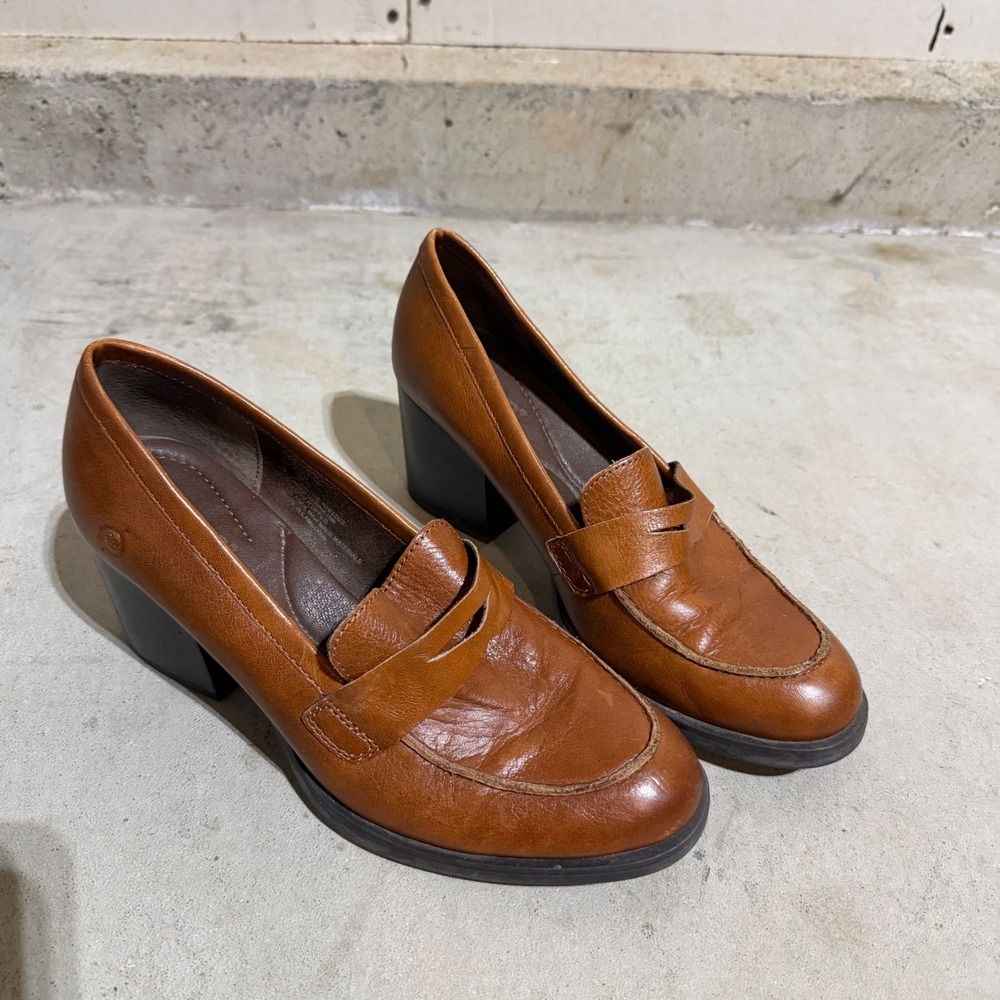 Born Khelda Leather Penny Loafer Block Heel Tan Brown Womens 8M
